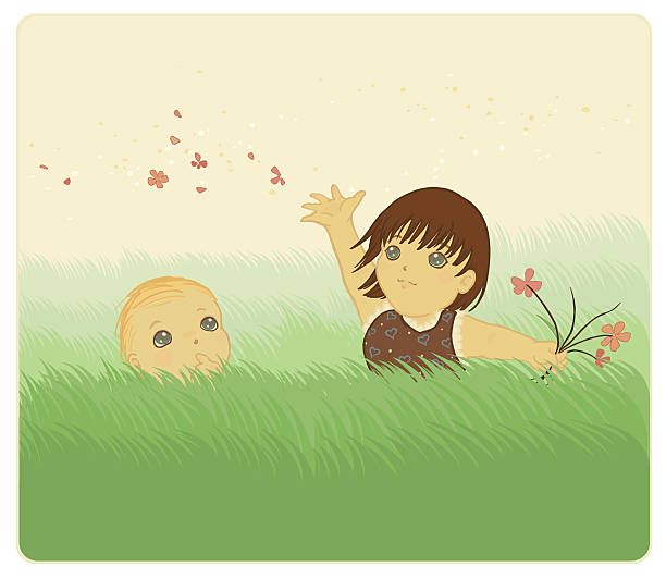 Children is grassy field vector art illustration