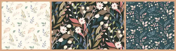 Vector illustration of Seamless floral pattern with winter botany, wild flowers, leaves, branches in collection. Vector.