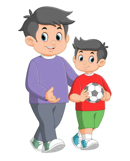 Vector illustration of with father and son playing soccer