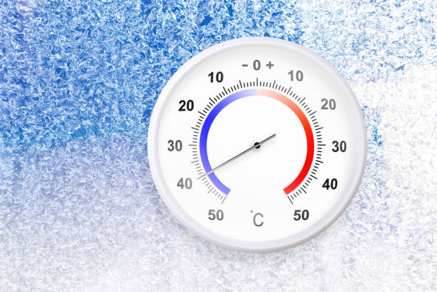 Celsius scale thermometer on a frozen window shows minus 40 degrees