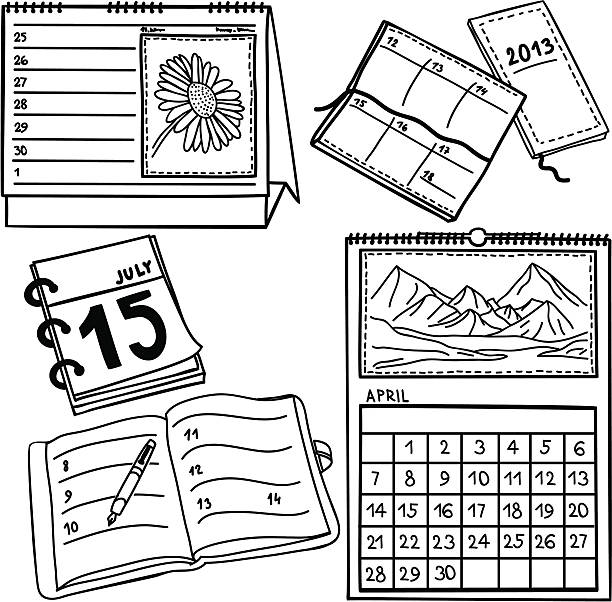 ilustraciones, imágenes clip art, dibujos animados e iconos de stock de juego de calendarios-ilustraciones a mano, - calendar routine personal organizer week