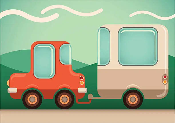 Vector illustration of Comic car with travel trailer.