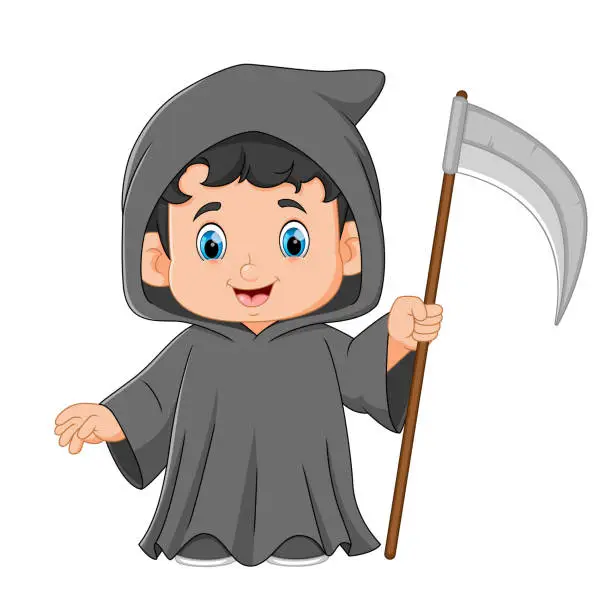 Vector illustration of Cute little boy wearing grim reaper costume