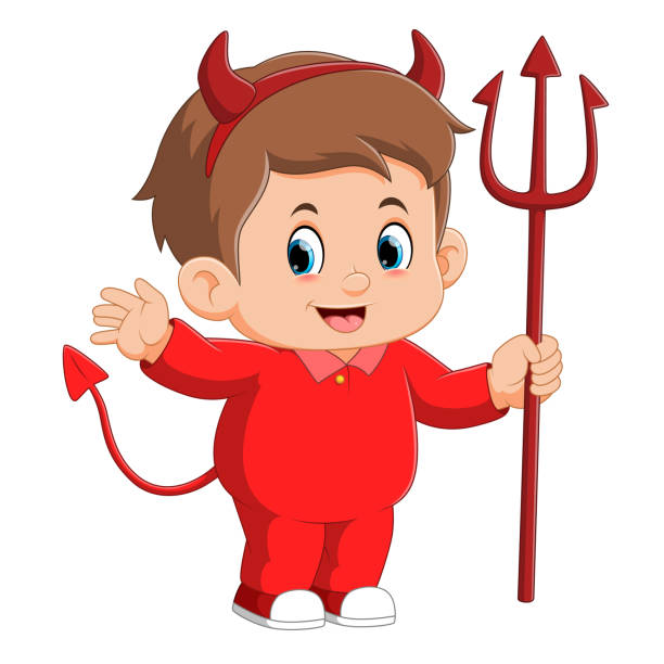 Cartoon little boy in costume devil holding a lucifer Cartoon little boy in costume devil holding a lucifer of illustration cartoon of the devils pitch fork stock illustrations