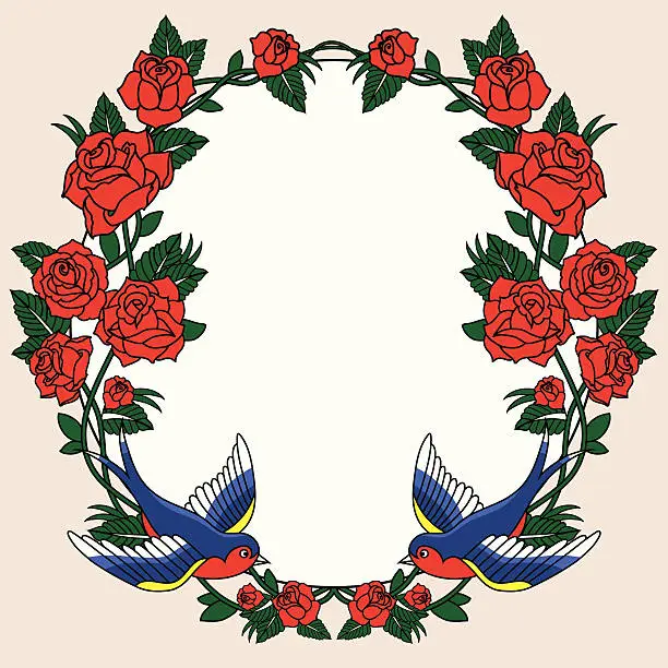 Vector illustration of Old school frame with roses and birds