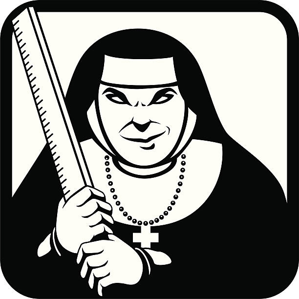 Evil Now Vector Cartoon of Nun standing with ruler ready to strike. angry nun stock illustrations