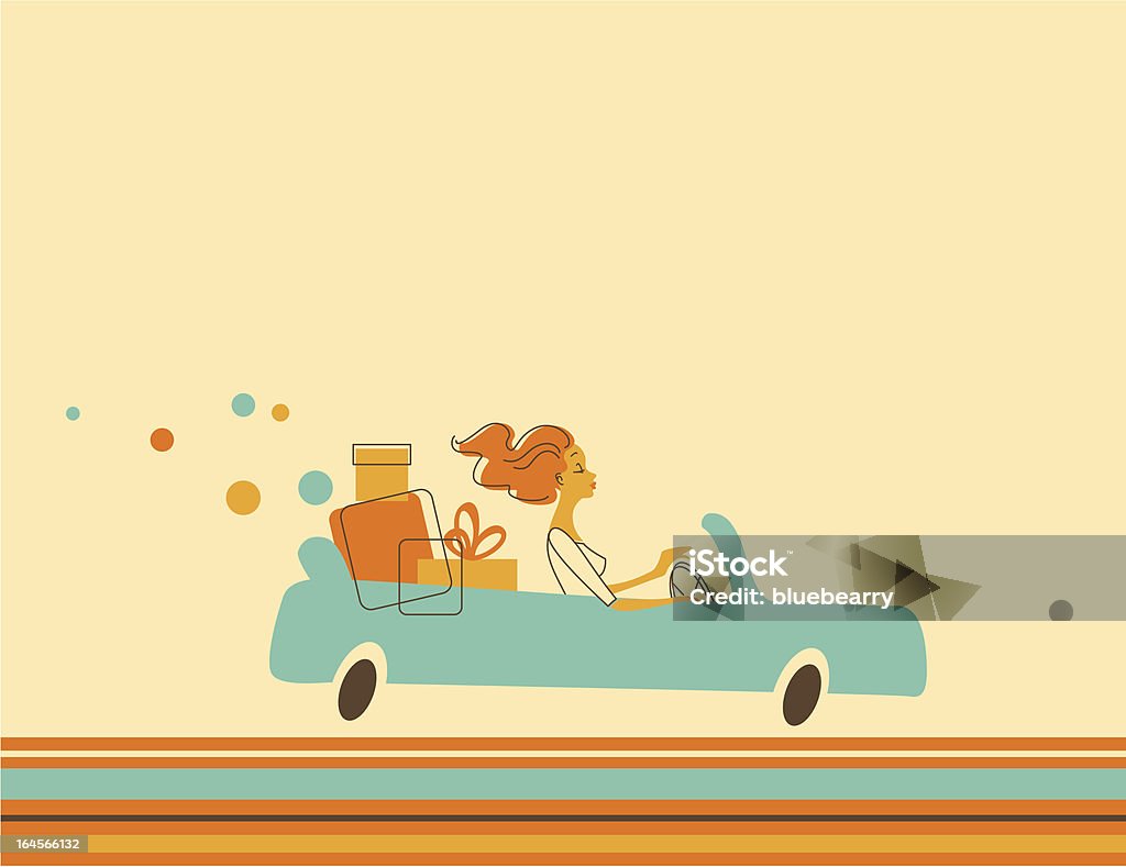 Woman in car "Illustration in old-fashioned style - young woman riding in a car, with purchases" Car stock vector