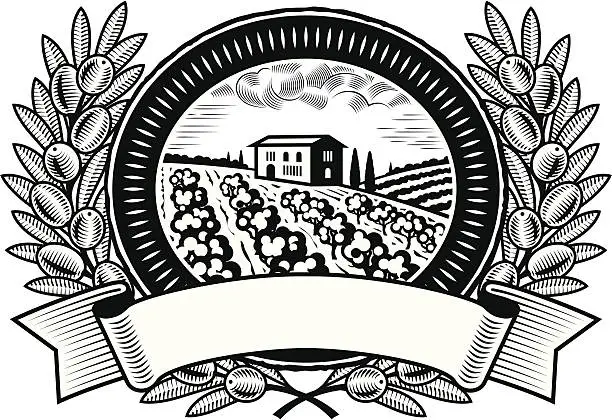 Vector illustration of Olive harvest label black and white