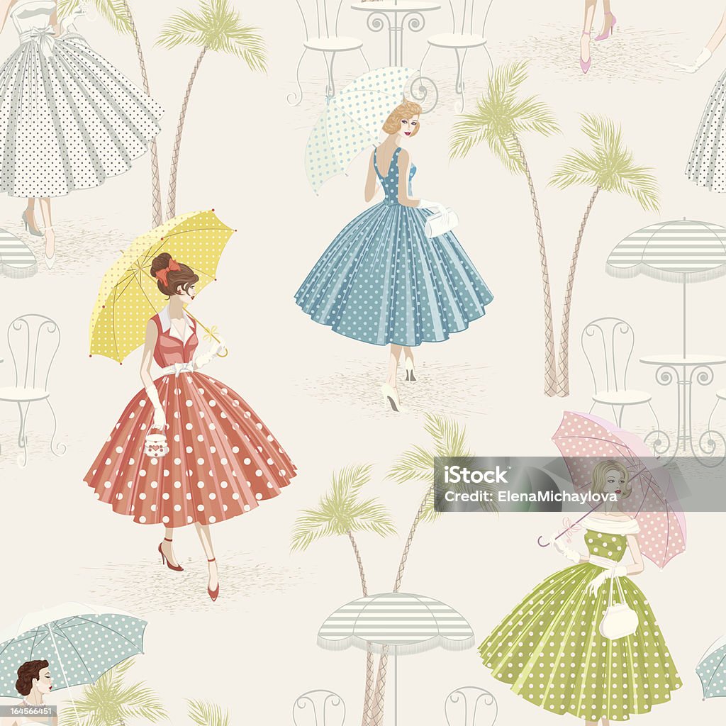 Retro background Seamless pattern with women dressed in polka dots garments walking with parasols 1950-1959 stock vector