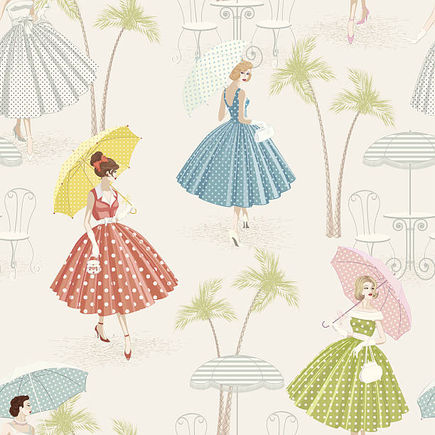 Retro background Seamless pattern with women dressed in polka dots garments walking with parasols 60s style dresses stock illustrations