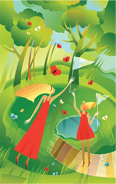 Vector illustration of Catching butterflies.