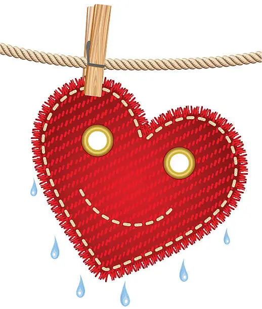 Vector illustration of Textile red heart on a clothesline