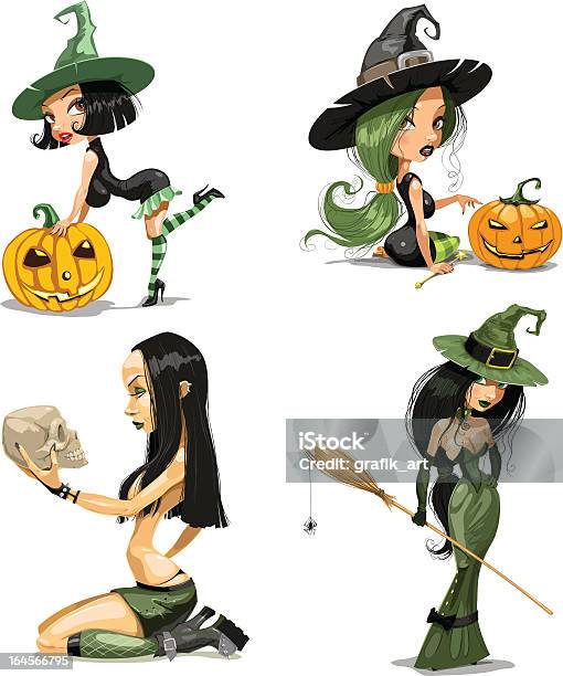 Set Of Witches Stock Illustration - Download Image Now - Adult, Broom, Cartoon