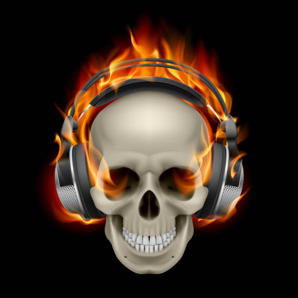 ilustrações de stock, clip art, desenhos animados e ícones de flaming crânio com auscultadores. - sound headphones music human teeth