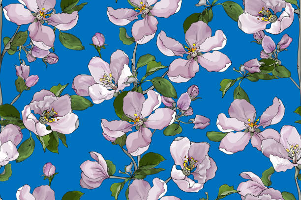 Floral seamless pattern with branches, flowers cherry Floral seamless pattern with branches, flowers cherry, blooming tree twigs sakura or apple blossom and green leaves on blue background. Hand drawn. Watercolor style. apple blossom stock illustrations