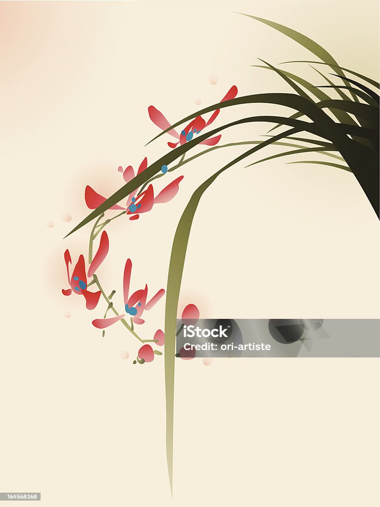 Pintado de estilo oriental, rojo orchid flowers - arte vectorial de Belleza de la naturaleza libre de derechos