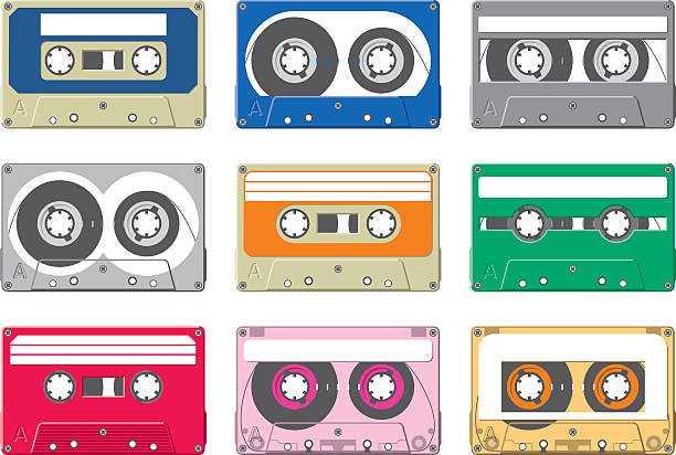 Cassette tape collection Cassette tapes with a variety of colors and labels yellow tape audio stock illustrations
