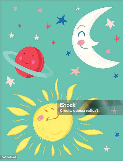 Ilustración de Moon El Sol El Planeta Y Estrellas y más Vectores Libres de Derechos de Fondos - Fondos, Forma de Estrella, Luna - Satélite terrestre