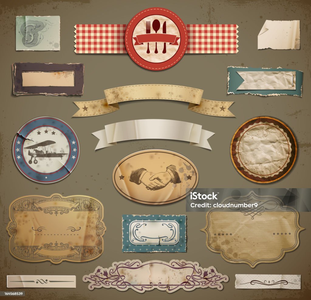 Vintage And Retro Design Elements. "Useful design elements: old papers, labels in retro and vintage style. Vector Illustration." Old-fashioned stock vector