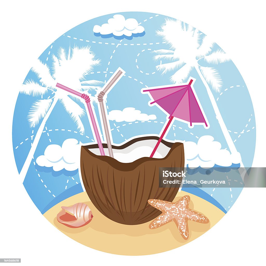 Coconut cocktail Vector illustration of coconut cocktail on tropical beach. Separate layers. Alcohol - Drink stock vector