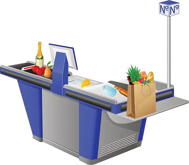 Vector illustration of cash register terminal and shopping bag with foods