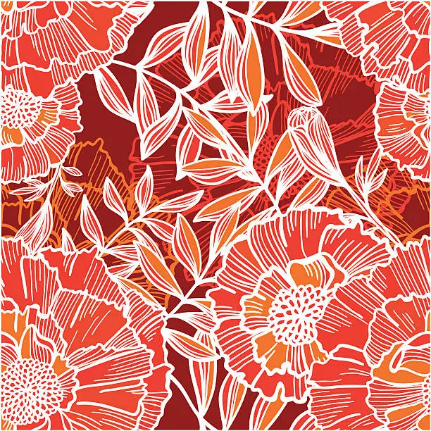 Vector illustration of Orange and red flowers - seamless pattern