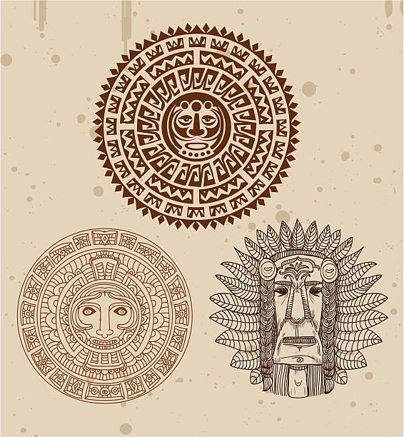 ilustraciones, imágenes clip art, dibujos animados e iconos de stock de colección de tatuajes maya india con caras-ilustración vectorial - judgement day illustrations