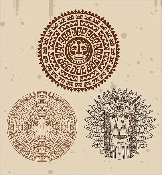 Vector illustration of collection of indian tattoos with maya faces - vector illustration