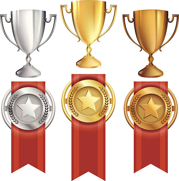 Vector set of three trophies and ribbon medals Vector Illustration of award trophies for first, second, and third place ranks. 1st place is gold, 2nd place is silver, 3rd place is bronze. Red ribbons are attached to medals with stars on them. Great for representation of victory, award, achievement, winning, or success. most valuable player stock illustrations