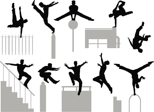 Parkour poses Set of editable vector silhouettes of a man doing parkour free running stock illustrations