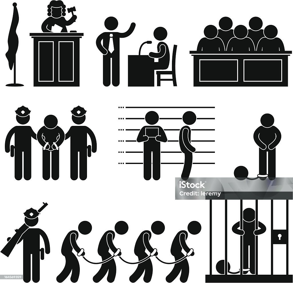 Court and Criminal Pictogram "A set of pictograms representing the court, judge, lawyer, criminal, jury, and jail." Icon Symbol stock vector