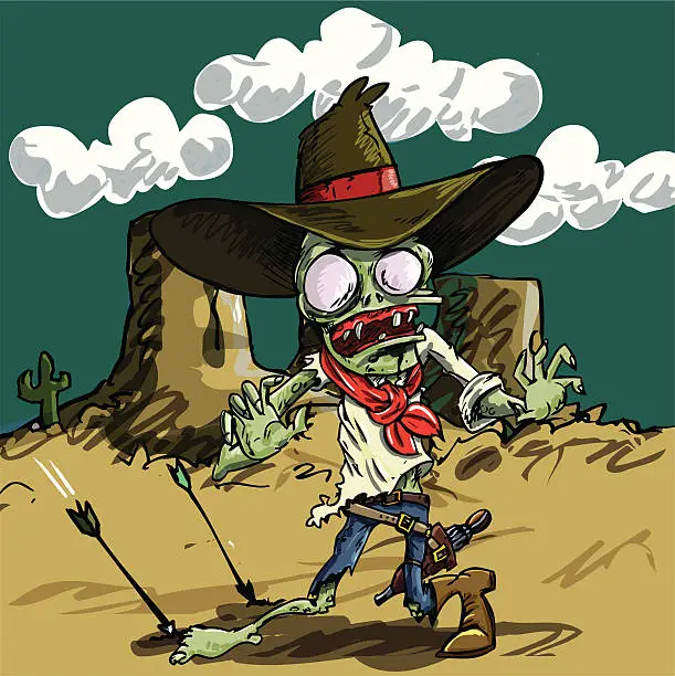 Vector illustration of Cartoon zombie cowboy with green skin in the desert