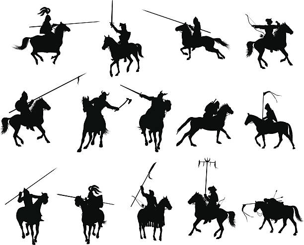 Vector horsemen set Knights and medieval warriors on horseback detailed silhouettes set. Vector mongolian ethnicity stock illustrations