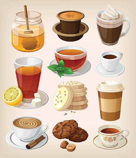 zestaw pyszne gorące napoje i dostaw - latté cafe macchiato cappuccino cocoa stock illustrations