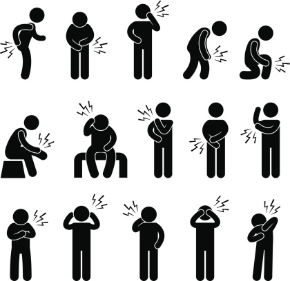 A set of pictogram representing aches and pains in different parts of a human body.