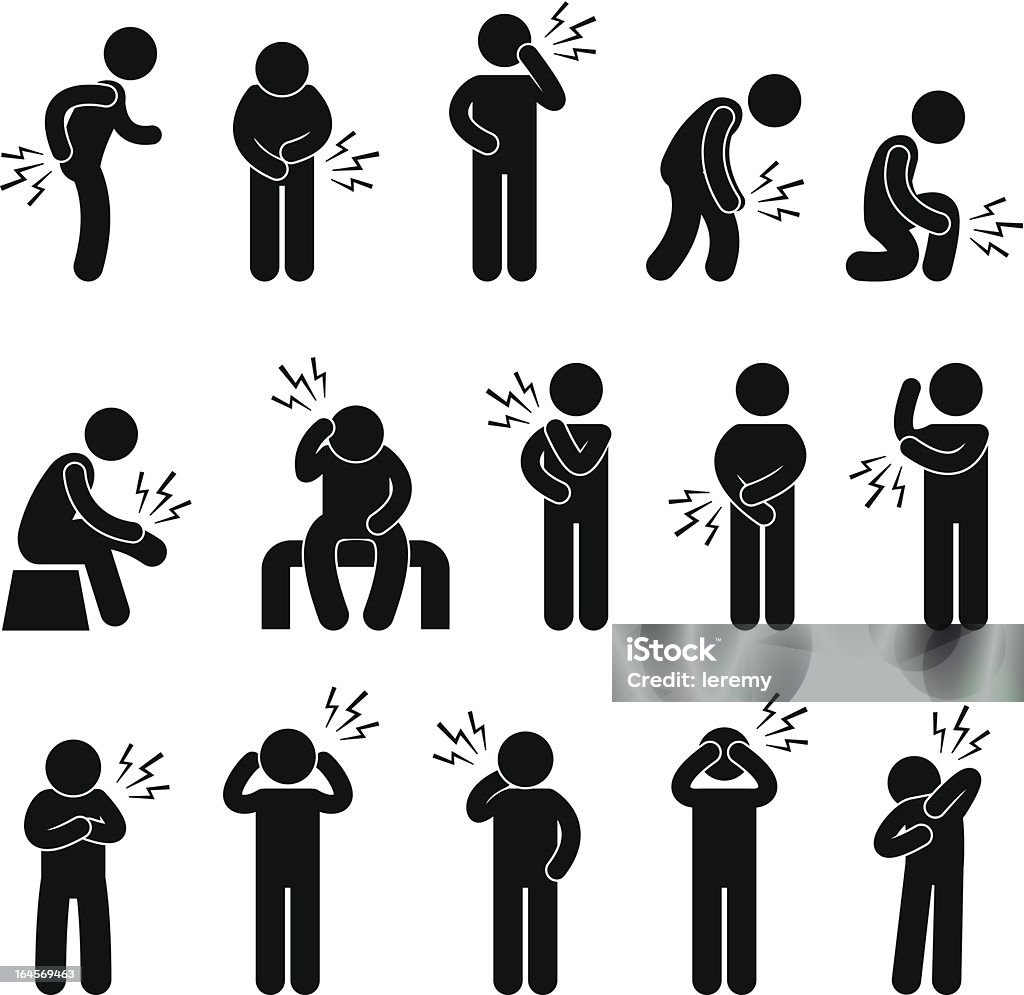 Body Ache Pain Pictogram A set of pictogram representing aches and pains in different parts of a human body. Pain stock vector