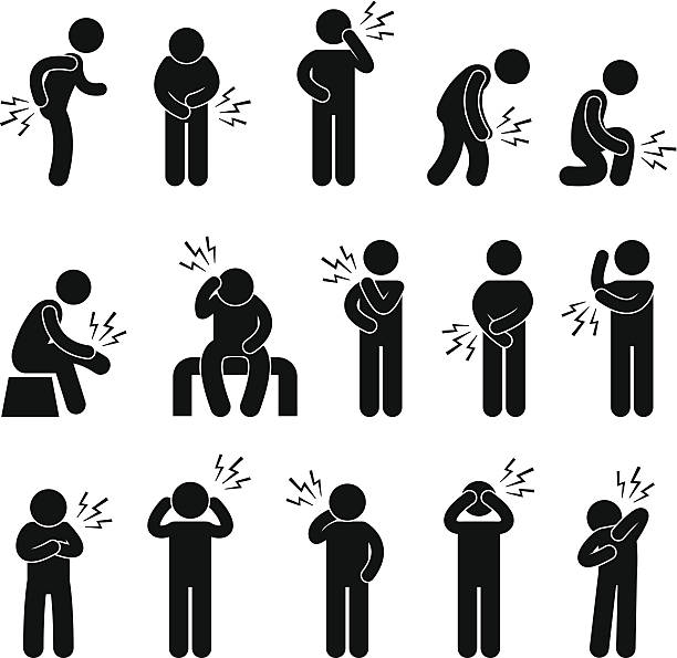 Body Ache Pain Pictogram A set of pictogram representing aches and pains in different parts of a human body. upper back pain stock illustrations
