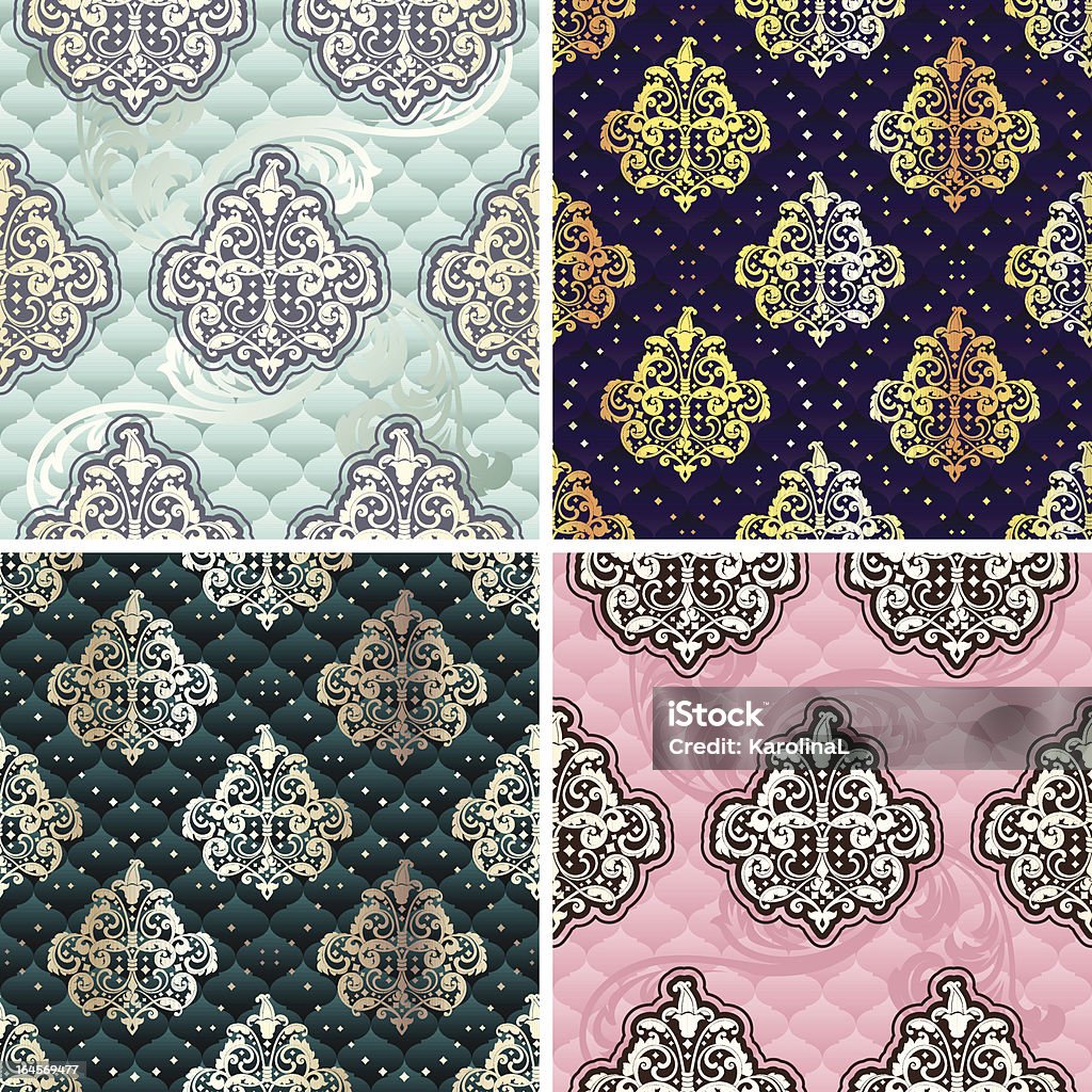 Four seamless Rococo florals Collection of seamless patterns inspired by Rococo era designs.  The tiles can be combined seamlessly. Includes AI CS3 and Inkscape SVG files. Arabic Style stock vector