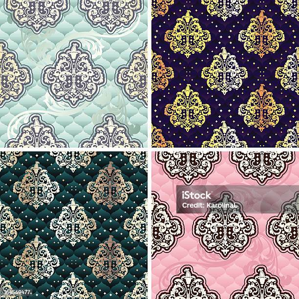 Four Seamless Rococo Florals Stock Illustration - Download Image Now - Arabic Style, Backgrounds, Blue