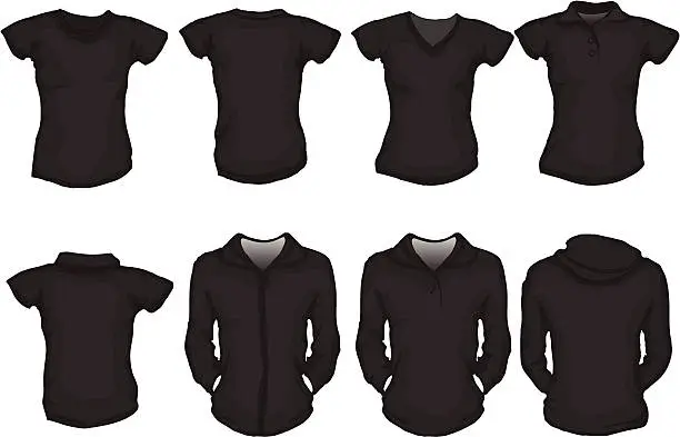 Vector illustration of set of female shirts template in black