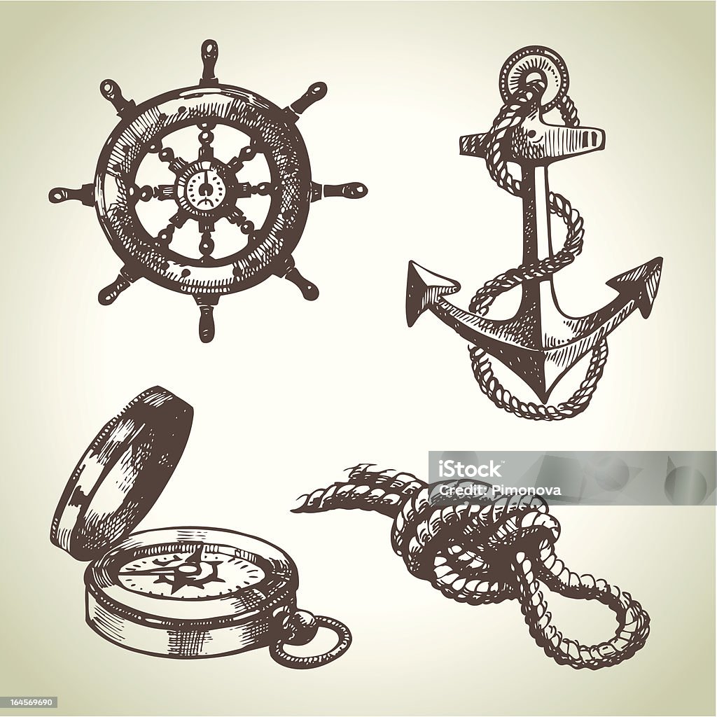 Sketches of ship steering wheel, compass, rope, and anchor  Sea set of nautical design elements. Hand drawn illustrations Anchor - Vessel Part stock vector