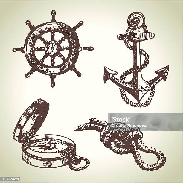 Sketches Of Ship Steering Wheel Compass Rope And Anchor Stock Illustration - Download Image Now