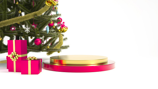 Pink and gold happy new year podium or stand with christmas tree and gift boxes for product display. 3d christmas concept render illustration.