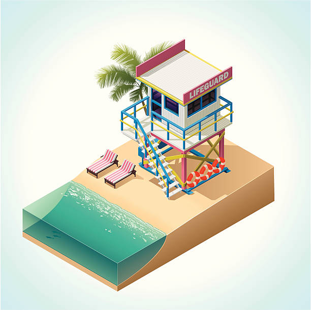 ilustraciones, imágenes clip art, dibujos animados e iconos de stock de isométricos salvavidas tower - isometric sea coastline beach