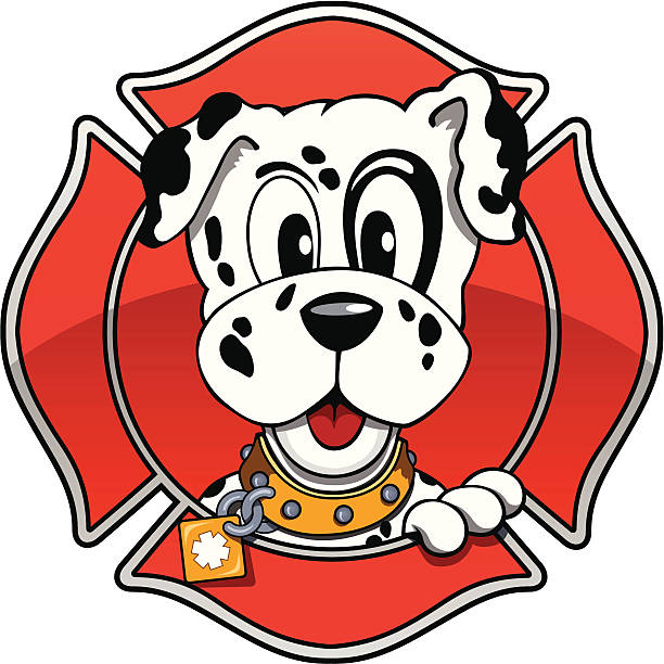 Fire House Puppy "Stylized cartoon fire fighting Dalmatian with paw on shield, excellent for banners. All elements are grouped for easy editing: collar, tongue, shield, and backdrop can be quickly removed or rearranged for completely different looks." dalmatian stock illustrations