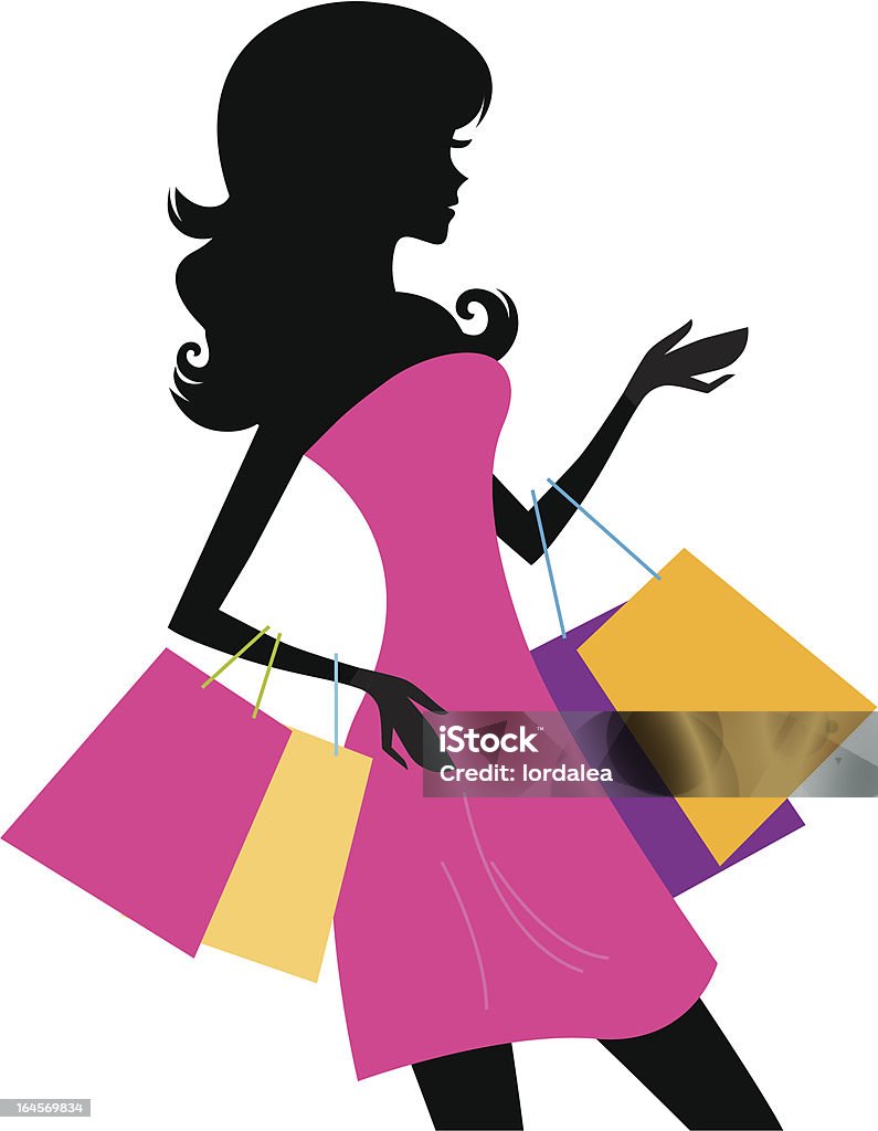 Woman shopping silhouette isolated on white Shopping girl with pink bags silhouette. Vector illustration Dress stock vector