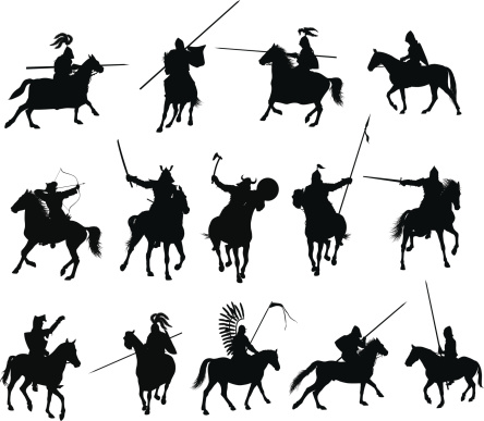 Knights and medieval warriors on horseback detailed silhouettes set. Vector