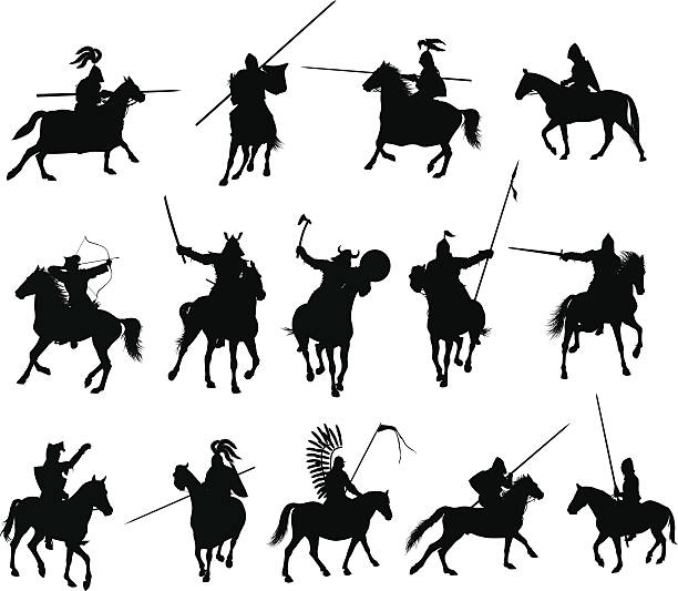 Black illustrations of horsemen Knights and medieval warriors on horseback detailed silhouettes set. Vector medieval battle axe silhouettes stock illustrations