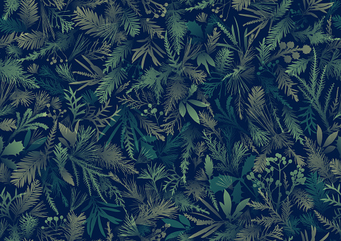 Seamless khaki blue green camouflaged abstract textured floral winter Christmas plant patterns wallpaper vector background