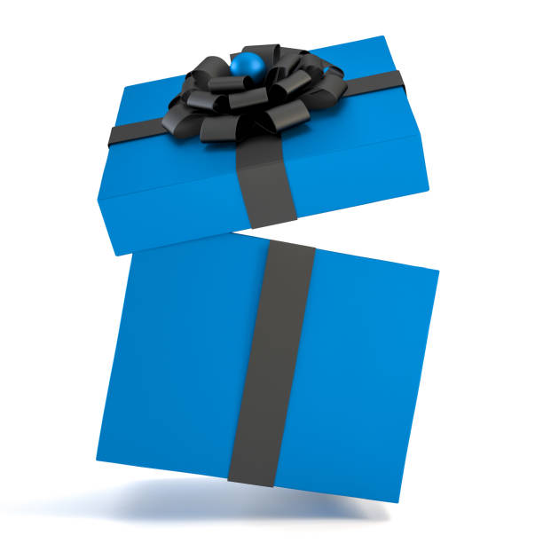 istock Falling blue gift box with black ribbon and bow isolated on white background. 1645710271